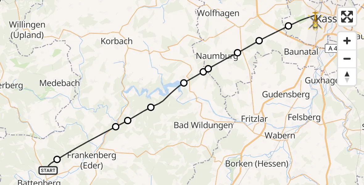 Flugroute Rettungshubschrauber Allendorf (Eder) - Kassel, 07 Juli 2026, 11:48