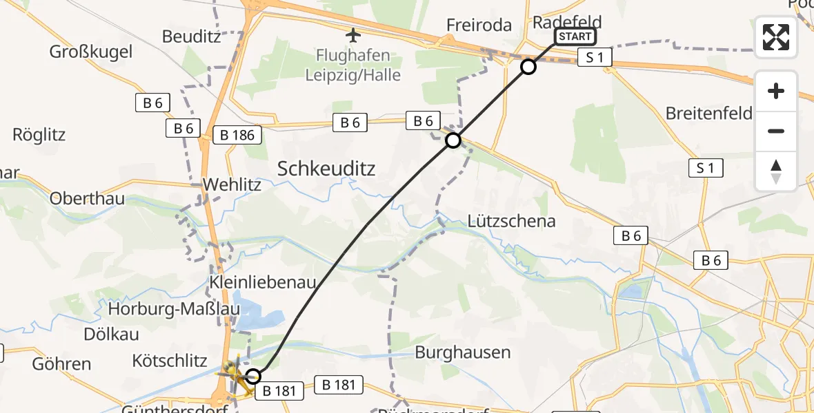 Flugroute Rettungshubschrauber Schkeuditz - ADAC Air Rescue Station Leipzig/Schkeuditz-Dölzig Hubschrauberlandeplatz (Christoph 61), 07 Juli 2026, 11:55
