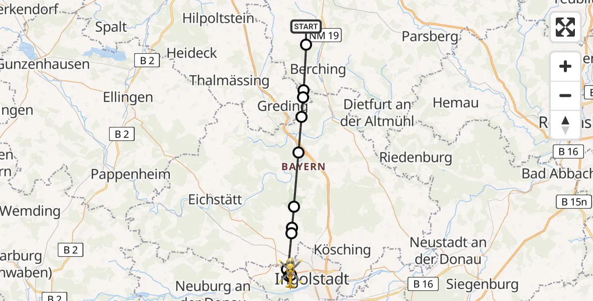 Flugroute Rettungshubschrauber Mühlhausen - Ingolstadt Hospital, 07 Juli 2026, 11:57