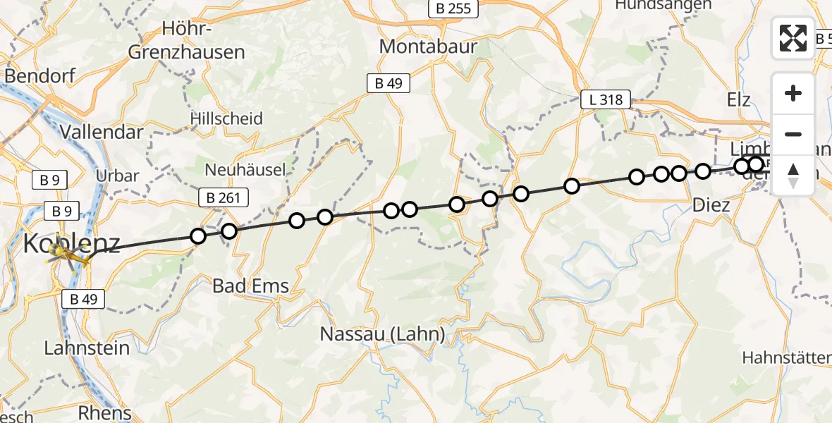 Flugroute Rettungshubschrauber Saint Vincent Hospital Limburg - Koblenz, 07 Juli 2026, 12:11