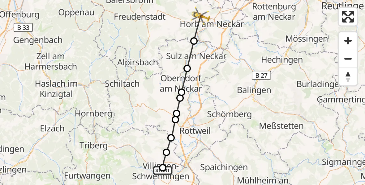 Flugroute Ambulanzhubschrauber DRF Air Rescue Station Villingen-Schwenningen Hubschrauberlandeplatz (Christoph 11) - Horb am Neckar, 07 Juli 2026, 12:14