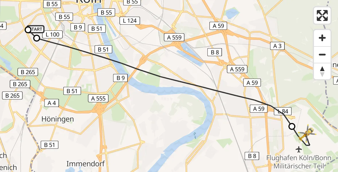 Flugroute Ambulanzhubschrauber Köln University Hospital - Köln Bonn Flughafen, 07 Juli 2026, 12:15