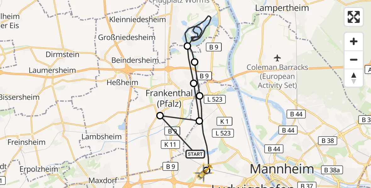 Flugroute Rettungshubschrauber Ludwigshafen am Rhein - Ludwigshafen Accident Hospital, 07 Juli 2026, 12:18