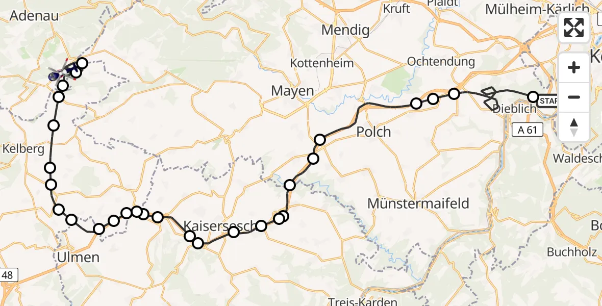 Flugroute Polizeihubschrauber Winningen - Meuspath, 07 Juli 2026, 12:20