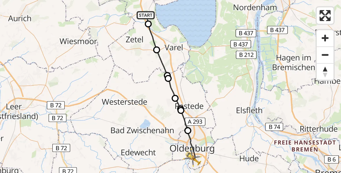 Flugroute Rettungshubschrauber Sande - Oldenburg (Oldb), 07 Juli 2026, 12:20