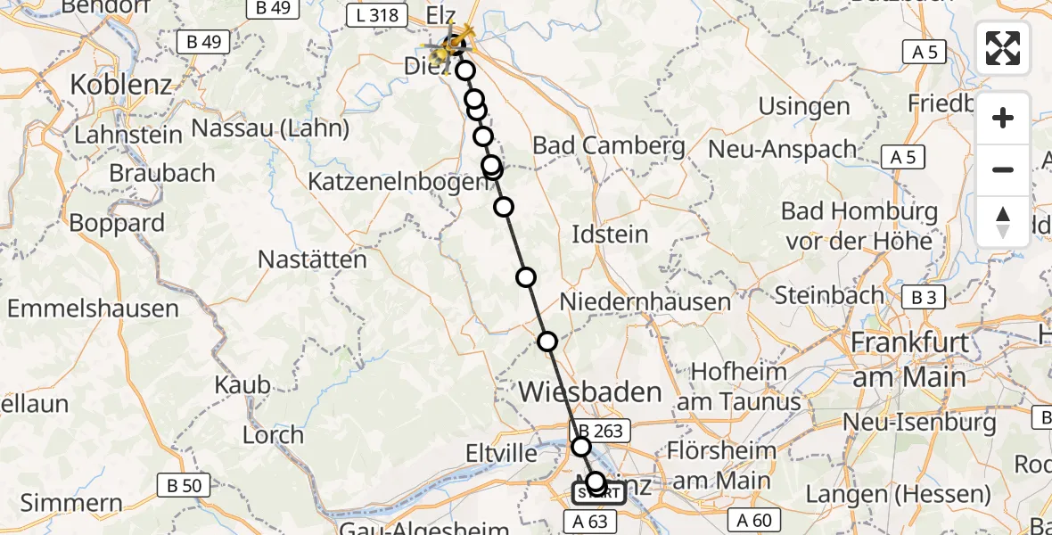 Flugroute Rettungshubschrauber Mainz University Hospital - Saint Vincent Hospital Limburg, 07 Juli 2026, 12:20