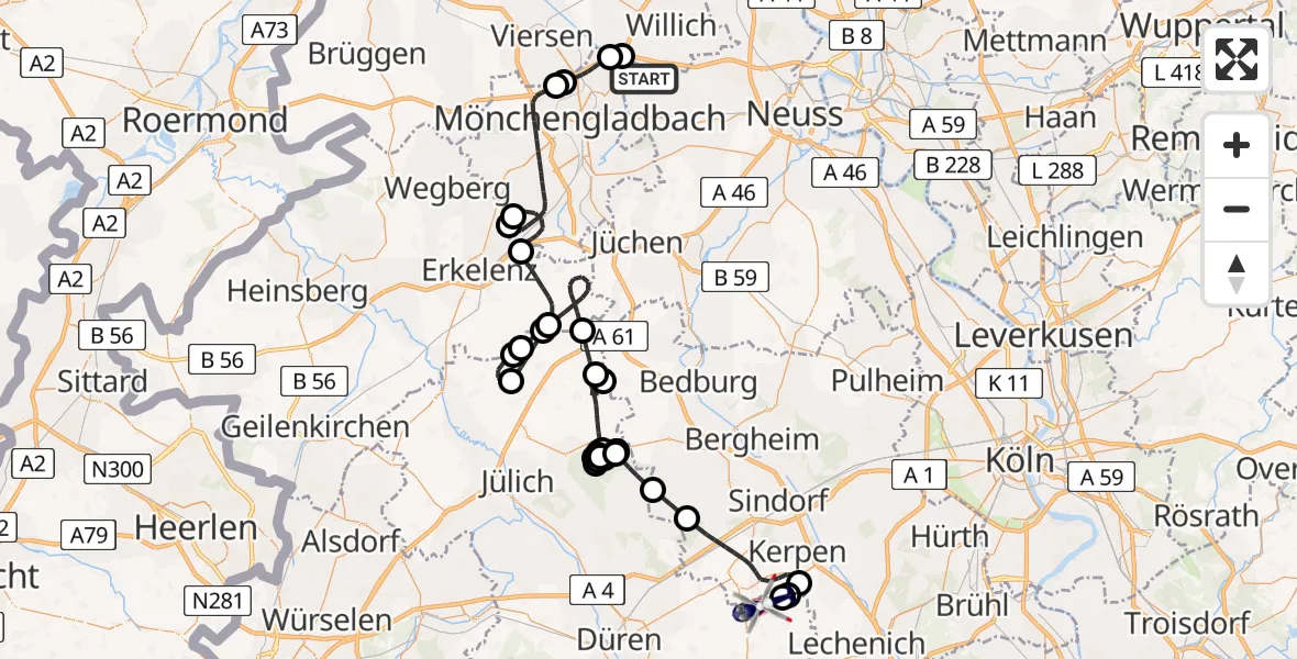Flugroute Polizeihubschrauber Mönchengladbach Flughafen - Militärflugplatz Nörvenich, 07 Juli 2026, 12:24