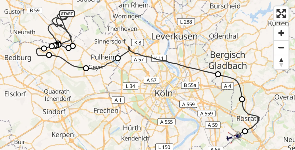 Flugroute Polizeihubschrauber Rommerskirchen - Köln Bonn Flughafen, 07 Juli 2026, 12:26