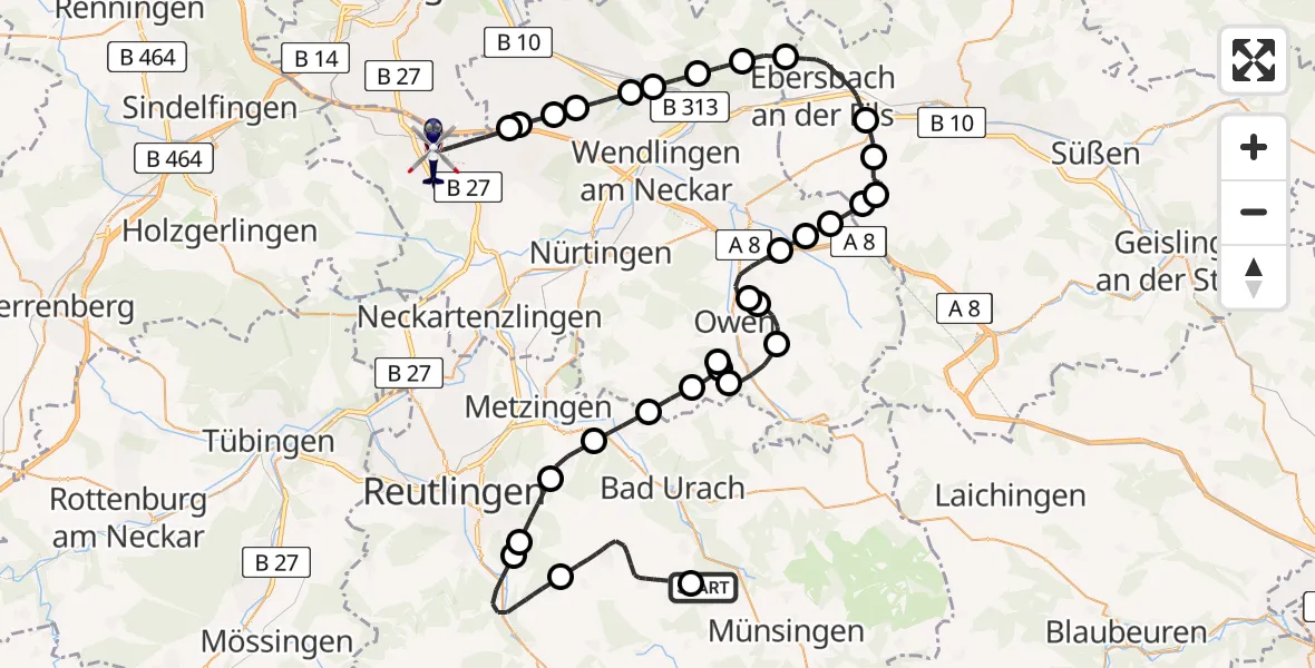 Flugroute Polizeihubschrauber Münsingen - Flughafen Stuttgart, 07 Juli 2026, 12:27