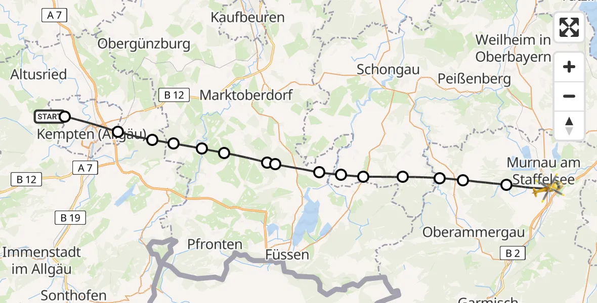 Flugroute Rettungshubschrauber Wiggensbach - Murnau a.Staffelsee, 07 Juli 2026, 12:32
