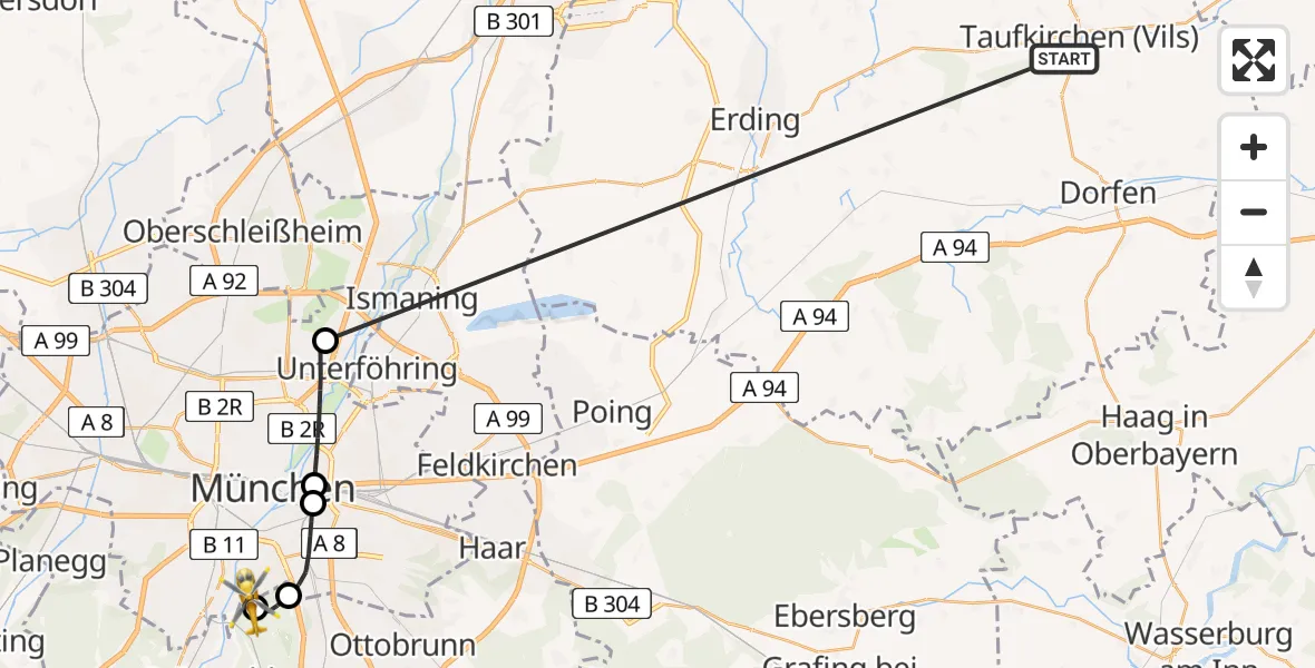 Flugroute Rettungshubschrauber Taufkirchen (Vils) - ADAC Air Rescue Center Hubschrauberlandeplatz (Christoph 1), 07 Juli 2026, 12:33
