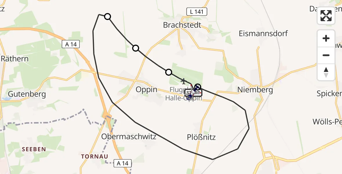 Flugroute Polizeihubschrauber Halle-Oppin Flugplatz - Halle-Oppin Flugplatz, 07 Juli 2026, 12:38