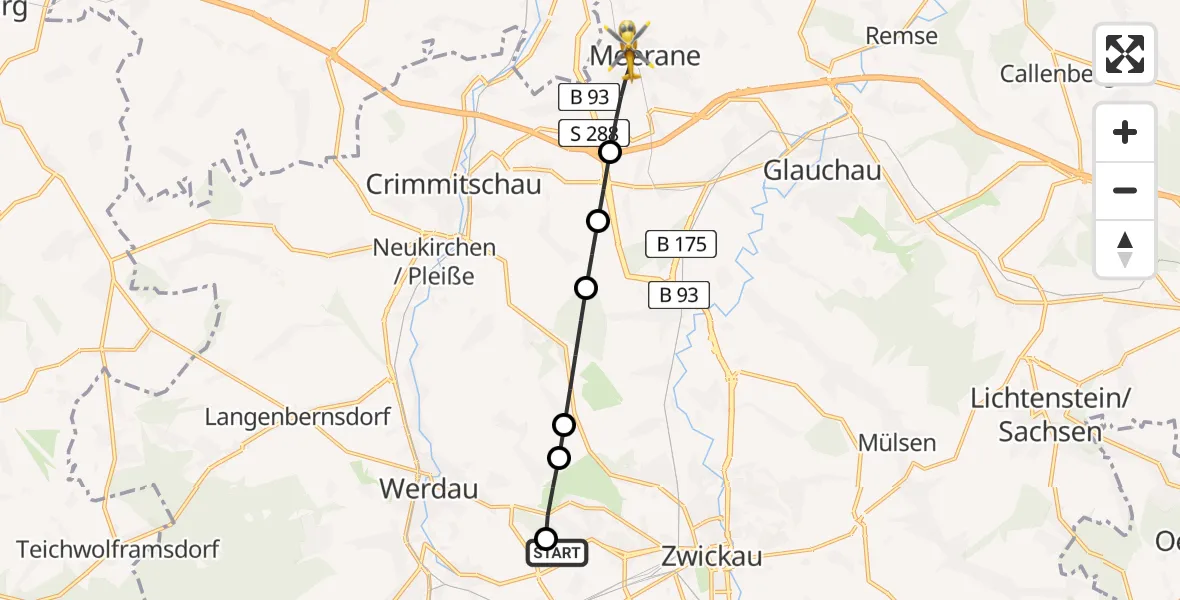 Flugroute Rettungshubschrauber ADAC Air Rescue Station Zwickau Hubschrauberlandeplatz - Meerane, 07 Juli 2026, 12:46
