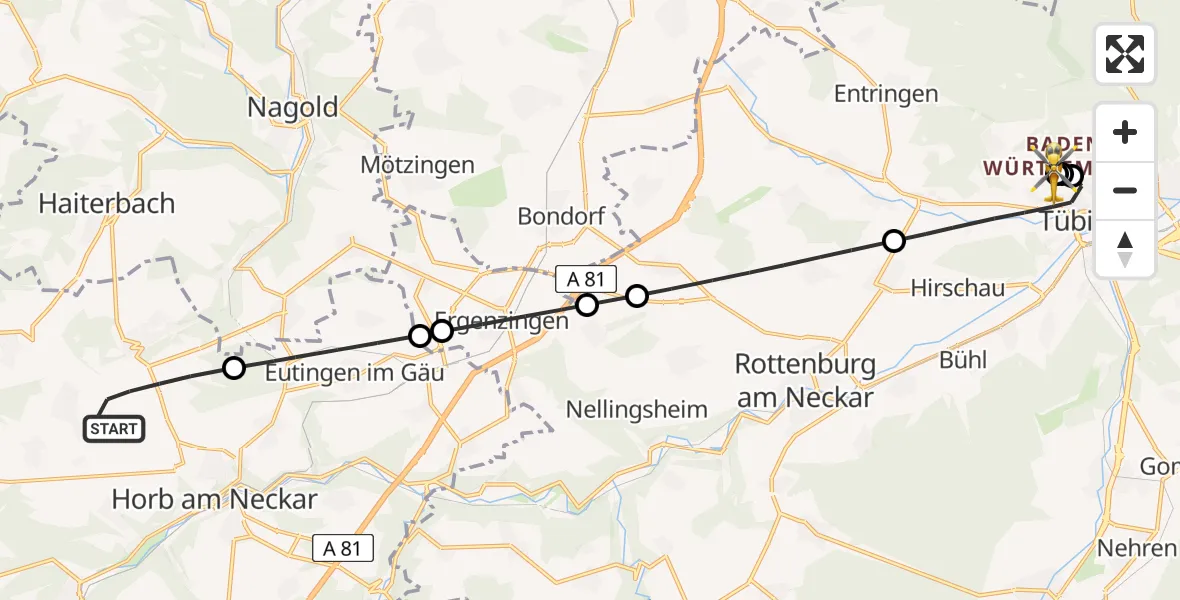 Flugroute Ambulanzhubschrauber Horb am Neckar - Tübingen Trauma Hospital, 07 Juli 2026, 12:46