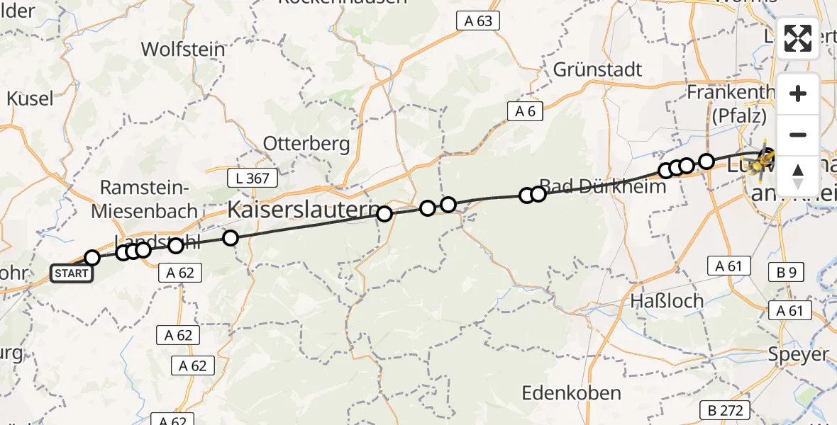 Flugroute Rettungshubschrauber Bruchmühlbach-Miesau - Ludwigshafen Accident Hospital, 07 Juli 2026, 12:48