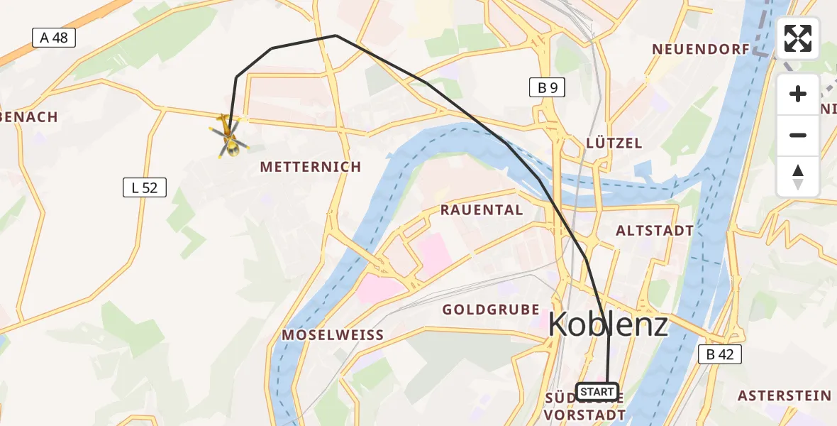 Flugroute Rettungshubschrauber Koblenz - Koblenz, 07 Juli 2026, 12:51