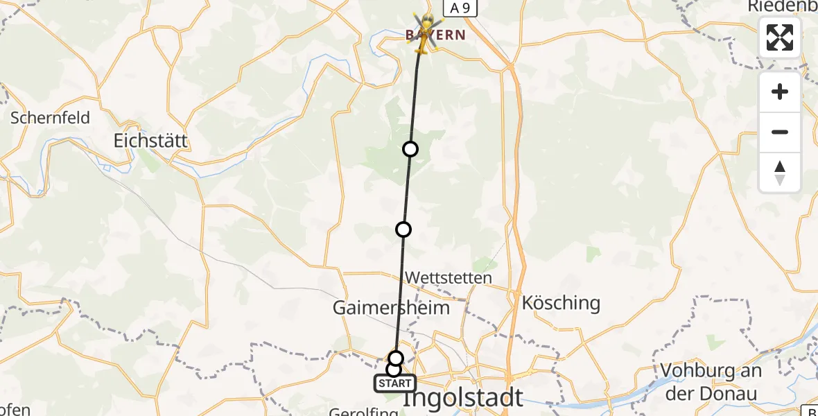 Flugroute Rettungshubschrauber Ingolstadt Hospital - Kipfenberg, 07 Juli 2026, 12:54