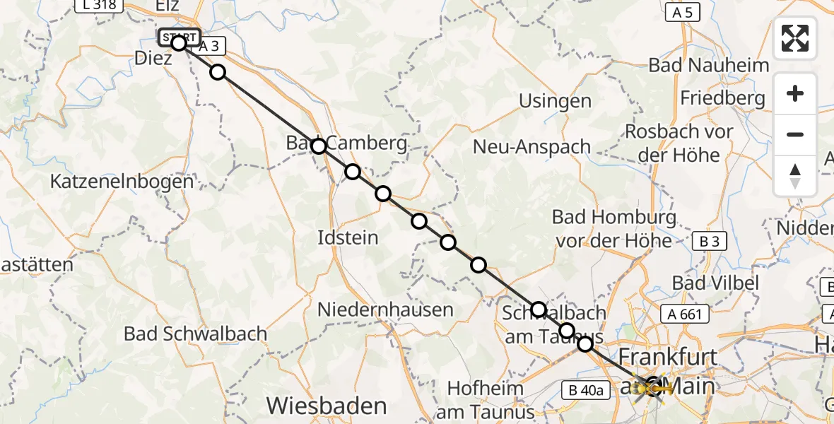 Flugroute Rettungshubschrauber Saint Vincent Hospital Limburg - Frankfurt University Hospital, 07 Juli 2026, 13:01