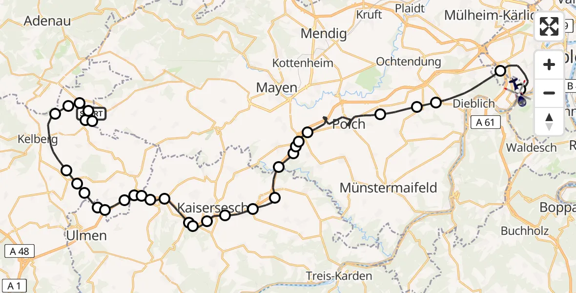 Flugroute Polizeihubschrauber Boos - Koblenz-Winningen Flugplatz, 07 Juli 2026, 13:05