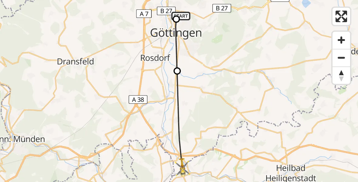 Flugroute Rettungshubschrauber Göttingen University Clinic Hubschrauberlandeplatz - Friedland, 07 Juli 2026, 13:10