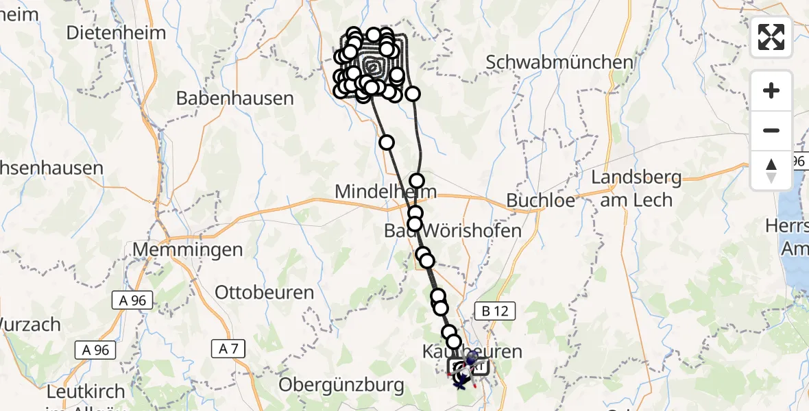 Flugroute Polizeihubschrauber Kaufbeuren - Kaufbeuren Militärflugplatz, 07 Juli 2026, 13:13