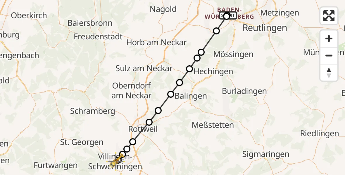 Flugroute Ambulanzhubschrauber Tübingen Trauma Hospital - DRF Air Rescue Station Villingen-Schwenningen Hubschrauberlandeplatz (Christoph 11), 07 Juli 2026, 13:14