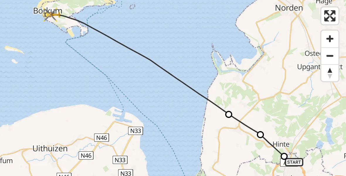 Flugroute Ambulanzhubschrauber Emden - Borkum Island Hospital Hubschrauberlandeplatz, 07 Juli 2026, 13:17