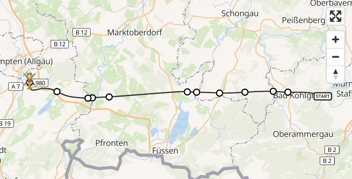 Flugroute Rettungshubschrauber Bad Kohlgrub - Kempten-Durach Flugplatz, 07 Juli 2026, 13:23