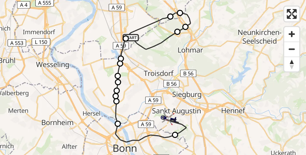 Flugroute Polizeihubschrauber Köln Bonn Flughafen - Sankt Augustin, 07 Juli 2026, 13:24