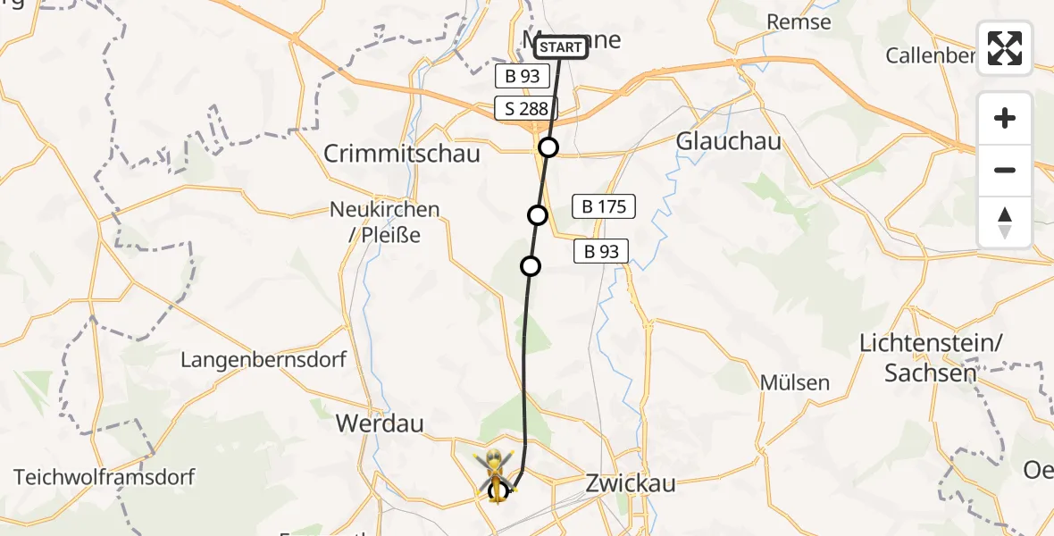 Flugroute Rettungshubschrauber Meerane - ADAC Air Rescue Station Zwickau Hubschrauberlandeplatz, 07 Juli 2026, 13:25