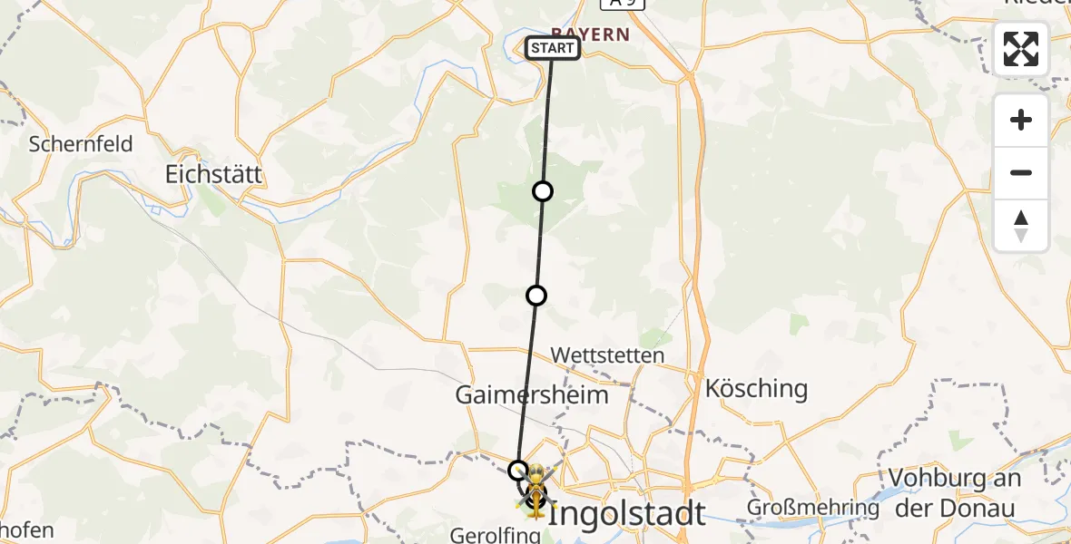 Flugroute Rettungshubschrauber Kipfenberg - Ingolstadt Hospital, 07 Juli 2026, 13:28