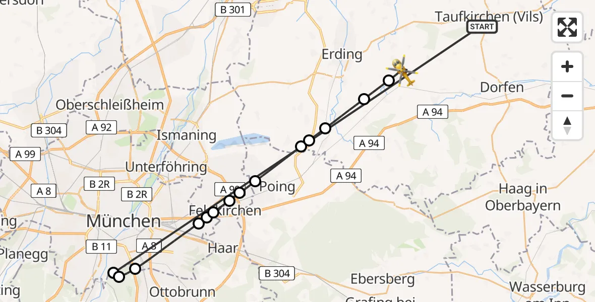 Flugroute Rettungshubschrauber Taufkirchen (Vils) - Bockhorn, 07 Juli 2026, 13:30