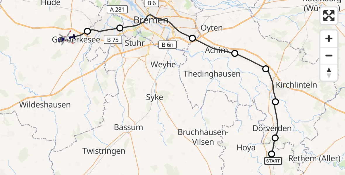 Flugroute Polizeihubschrauber Eystrup - Ganderkesee, 07 Juli 2026, 13:40