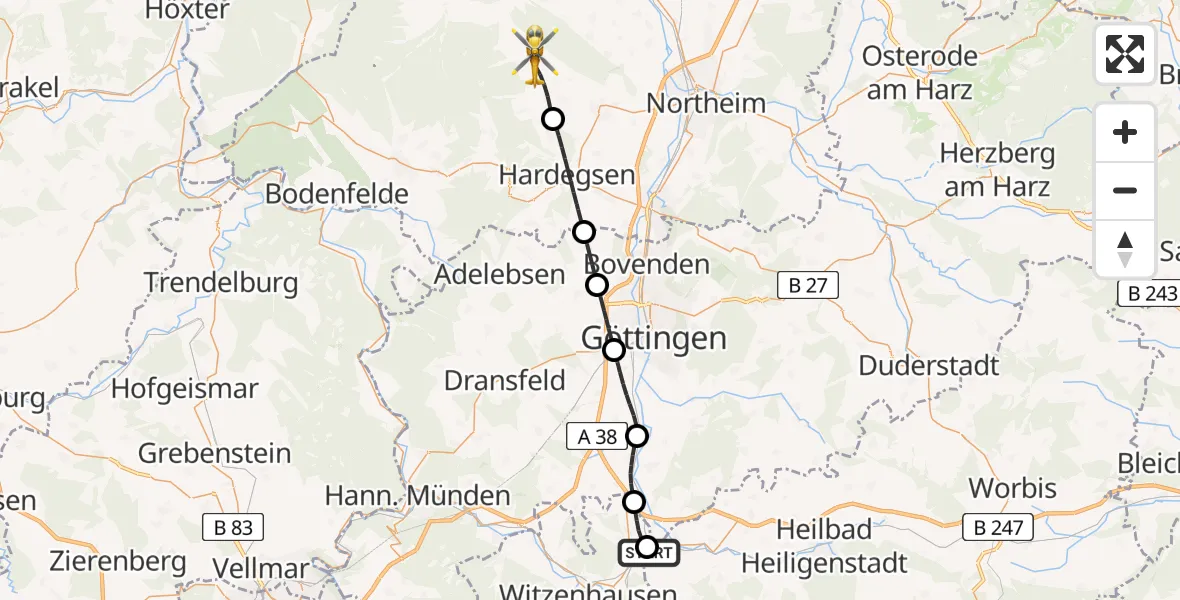 Flugroute Rettungshubschrauber Hohengandern - Moringen, 07 Juli 2026, 13:47
