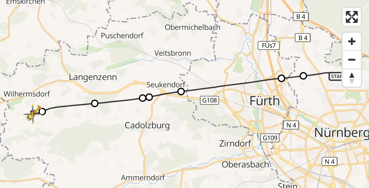 Flugroute Ambulanzhubschrauber Flughafen Nuremberg - Wilhermsdorf, 07 Juli 2026, 13:49