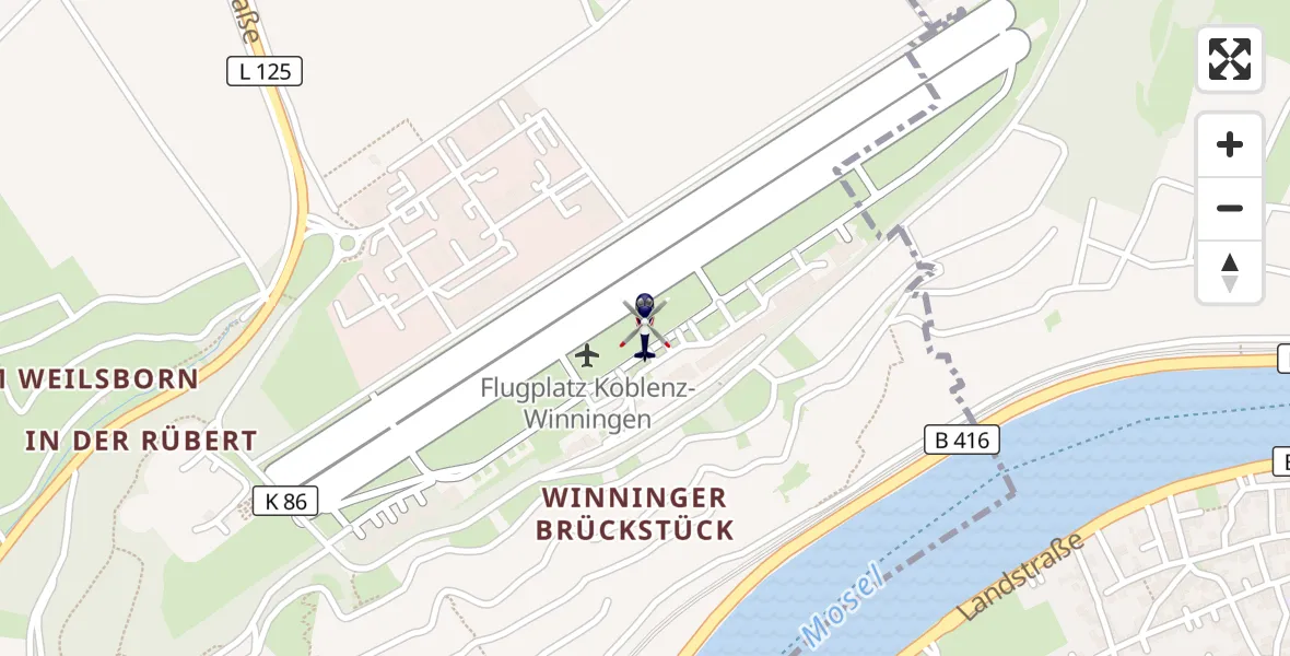 Flugroute Polizeihubschrauber Koblenz-Winningen Flugplatz - Koblenz-Winningen Flugplatz, 07 Juli 2026, 13:49