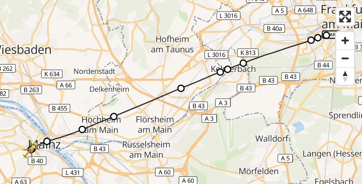 Flugroute Rettungshubschrauber Frankfurt University Hospital - Mainz University Hospital, 07 Juli 2026, 13:51
