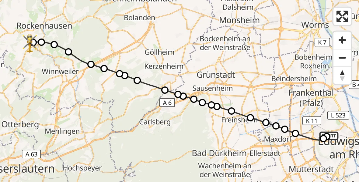 Flugroute Rettungshubschrauber Ludwigshafen Accident Hospital - Imsweiler UL, 07 Juli 2026, 13:52
