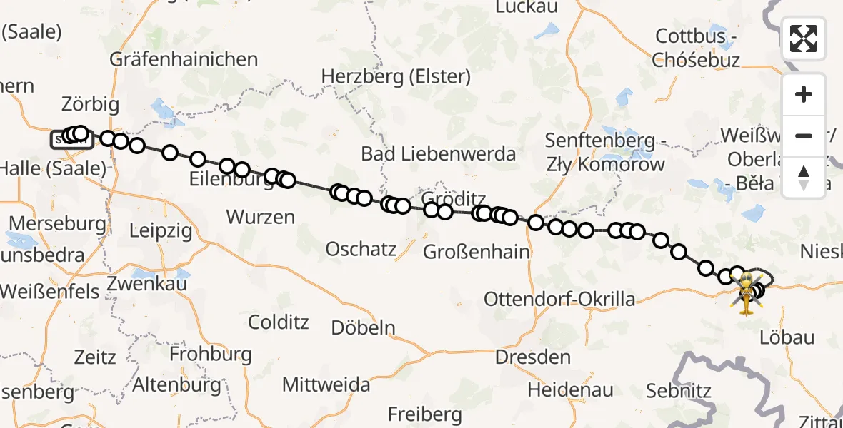 Flugroute Rettungshubschrauber Halle-Oppin Flugplatz - Bautzen Flugplatz, 07 Juli 2026, 13:59