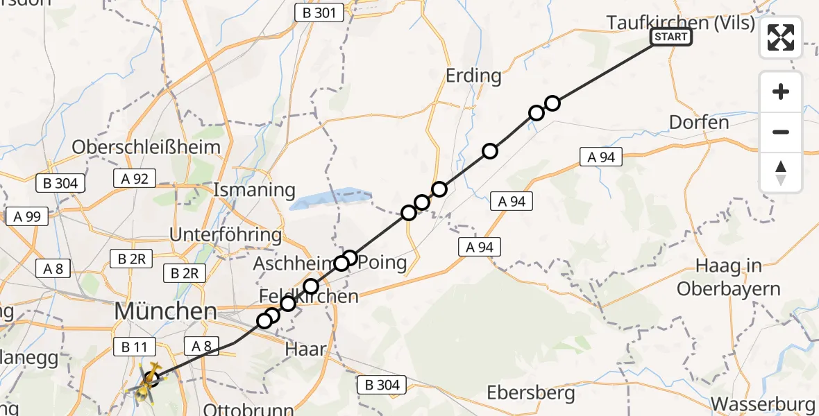 Flugroute Rettungshubschrauber Taufkirchen (Vils) - ADAC Air Rescue Center Hubschrauberlandeplatz (Christoph 1), 07 Juli 2026, 14:00