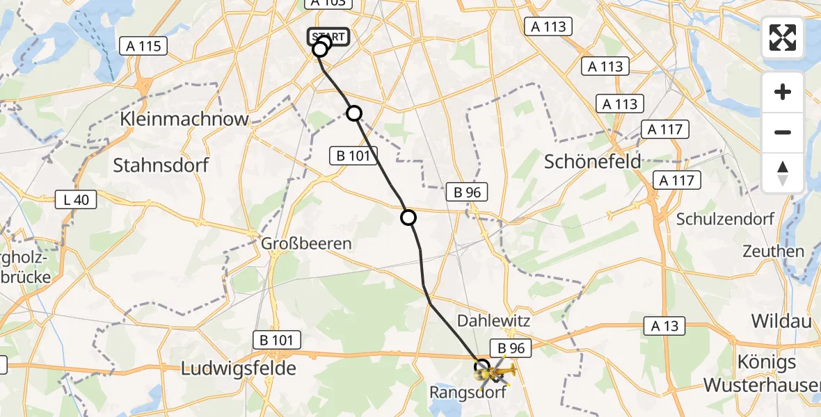 Flugroute Rettungshubschrauber Charité Clinic Benjamin Franklin Campus - Rangsdorf, 07 Juli 2026, 14:05