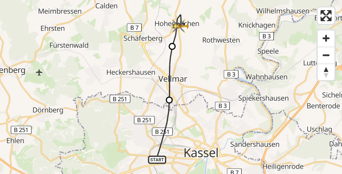Flugroute Rettungshubschrauber Kassel - Espenau, 07 Juli 2026, 14:06