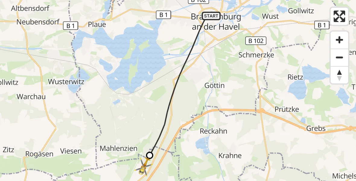 Flugroute Rettungshubschrauber Brandenburg an der Havel - Wenzlow, 07 Juli 2026, 14:10