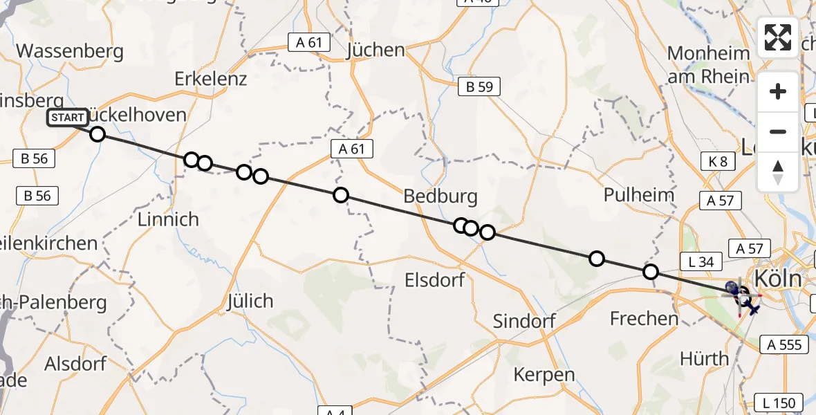 Flugroute Polizeihubschrauber Heinsberg - Köln University Hospital, 07 Juli 2026, 14:11