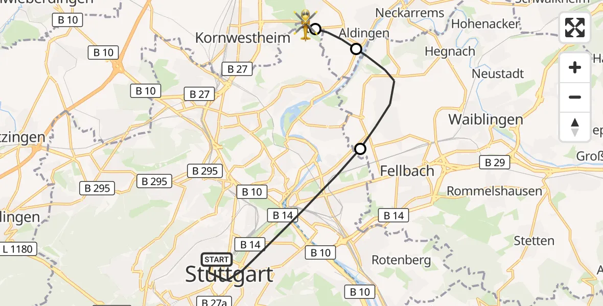 Flugroute Rettungshubschrauber Stuttgart - Pattonville Flugplatz, 07 Juli 2026, 14:16