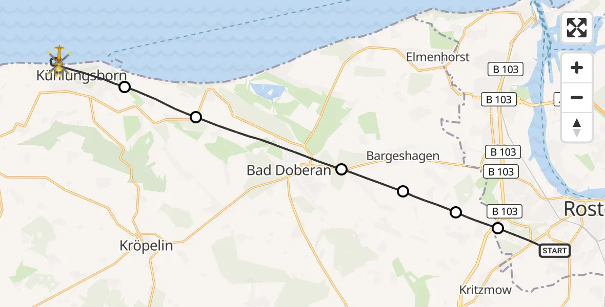 Flugroute Ambulanzhubschrauber Rostock - Kühlungsborn, 07 Juli 2026, 14:17