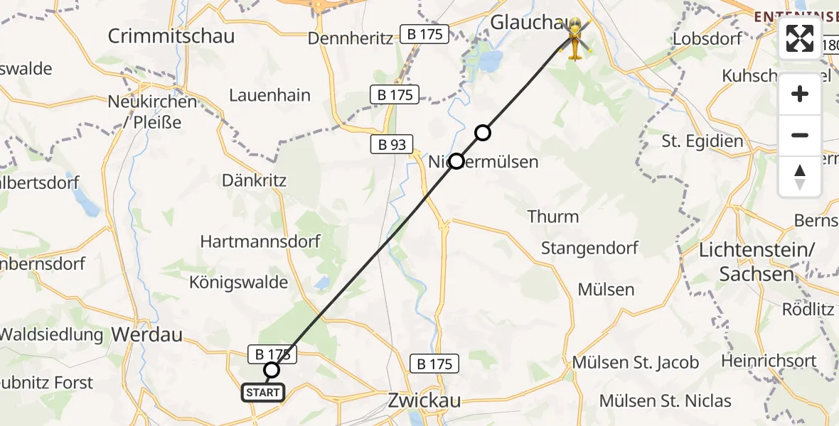Flugroute Rettungshubschrauber ADAC Air Rescue Station Zwickau Hubschrauberlandeplatz - Glauchau, 07 Juli 2026, 14:19