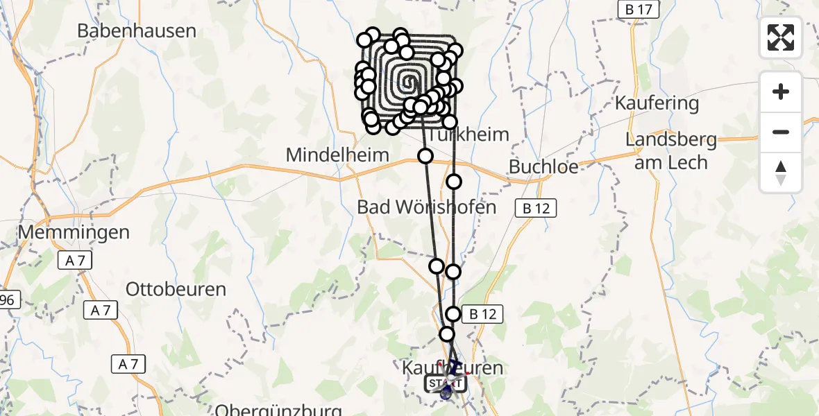 Flugroute Polizeihubschrauber Kaufbeuren - Kaufbeuren, 07 Juli 2026, 14:23