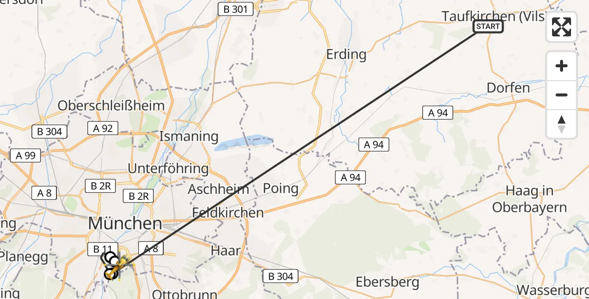 Flugroute Rettungshubschrauber Taufkirchen (Vils) - München, 07 Juli 2026, 14:24