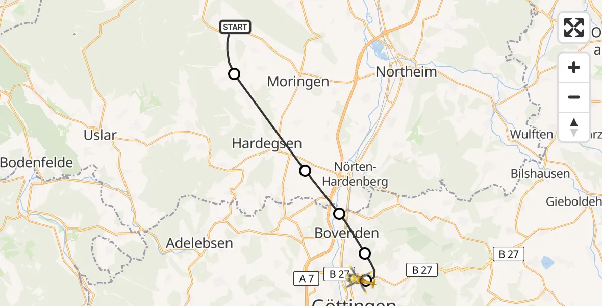Flugroute Rettungshubschrauber Moringen - Göttingen University Clinic Hubschrauberlandeplatz, 07 Juli 2026, 14:25